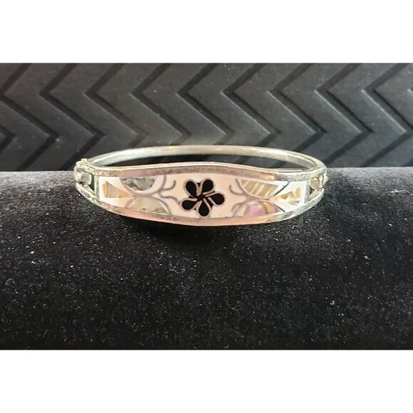 Native Mosaic Abalone Shell Floral Bracelet Mexico Vintage Bohemian Jewelry - Picture 2 of 8